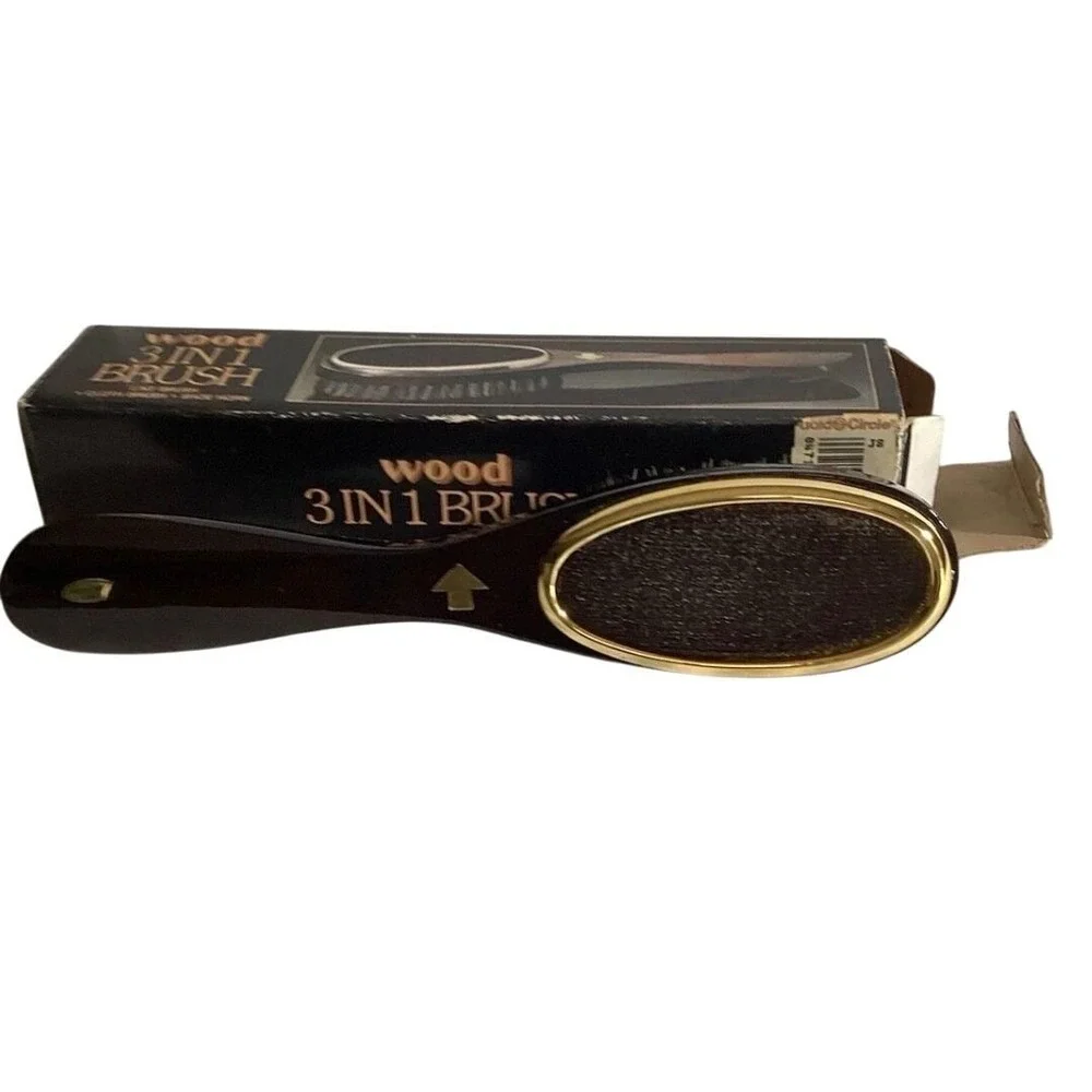 Vtg Gold Circle Wood 3 in 1 Brush Lint Cloth Shoe Horn Grooming Tool Boxed Retro